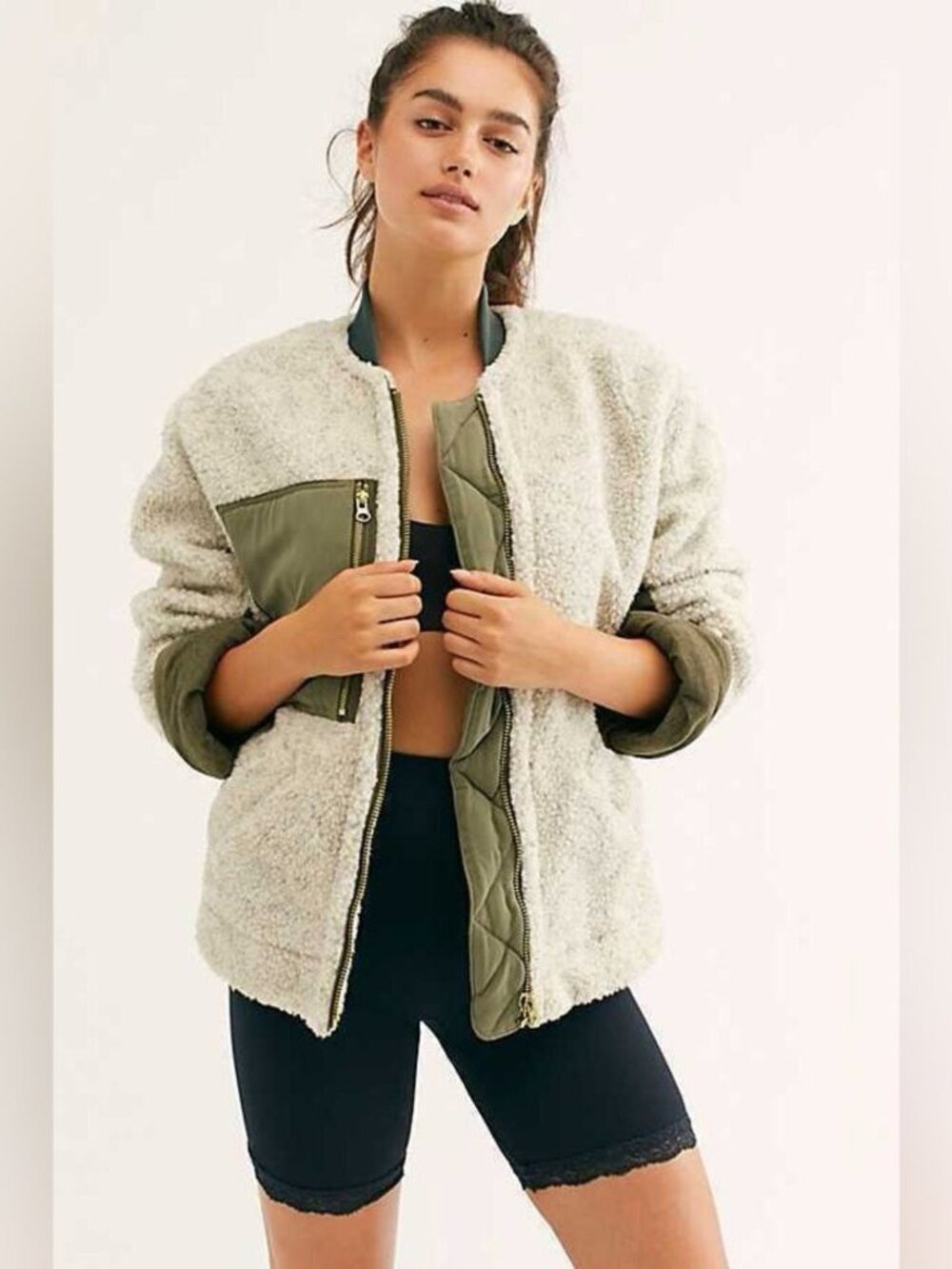 Free People Cream Sherpa Bomber Jacket with Olive Accents